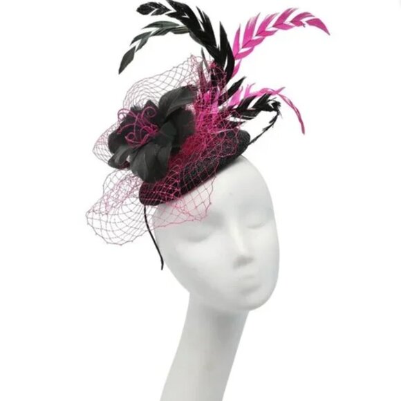 Sinamay Handmade Pink & Black Feather Fascinator | Derby Wedding Hat Headband - Picture 2 of 8